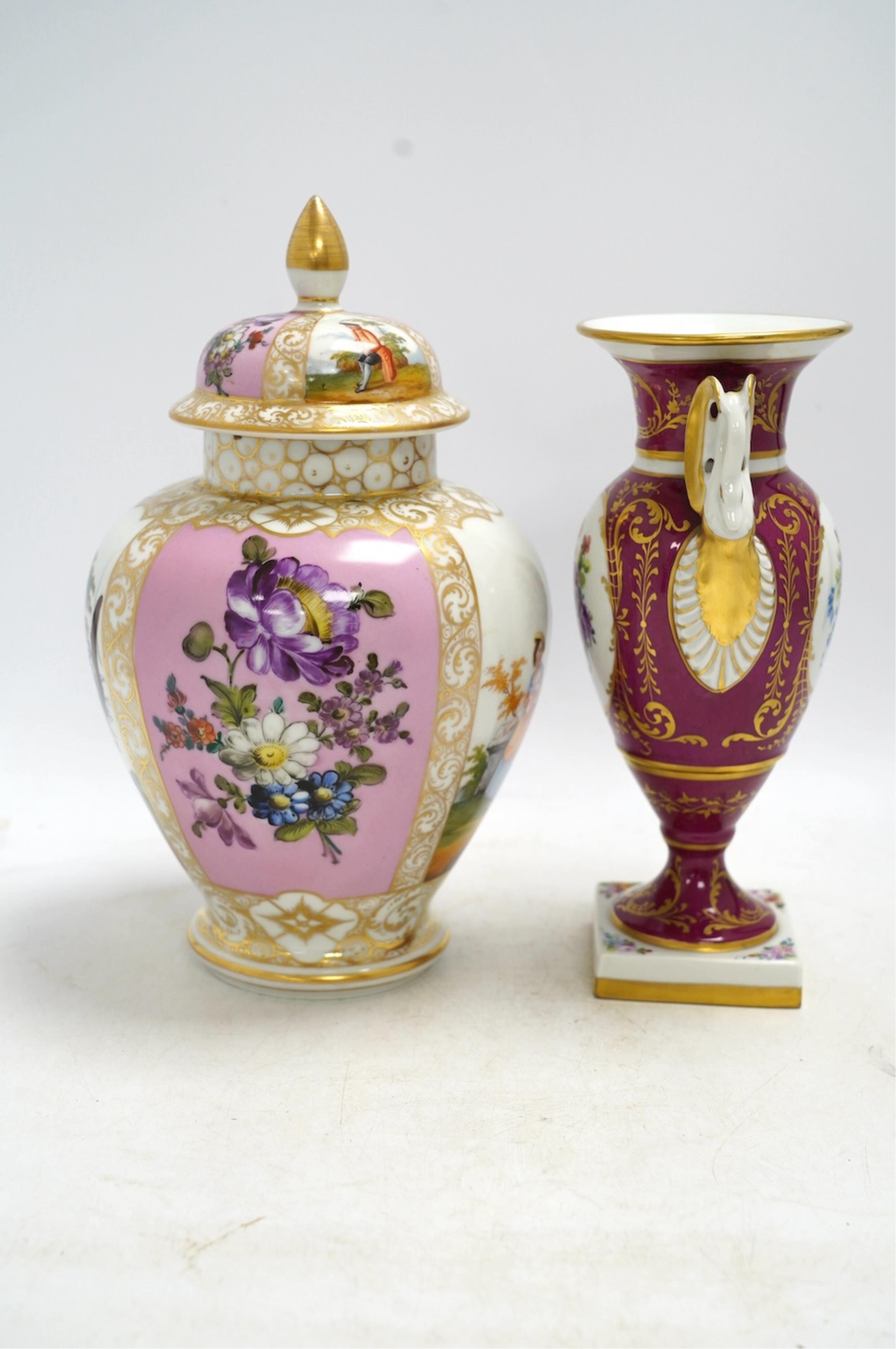 A Dresden Helena Wolfsohn vase and cover, and a French porcelain twin-handled vase, 27cm high. Condition - fair to good